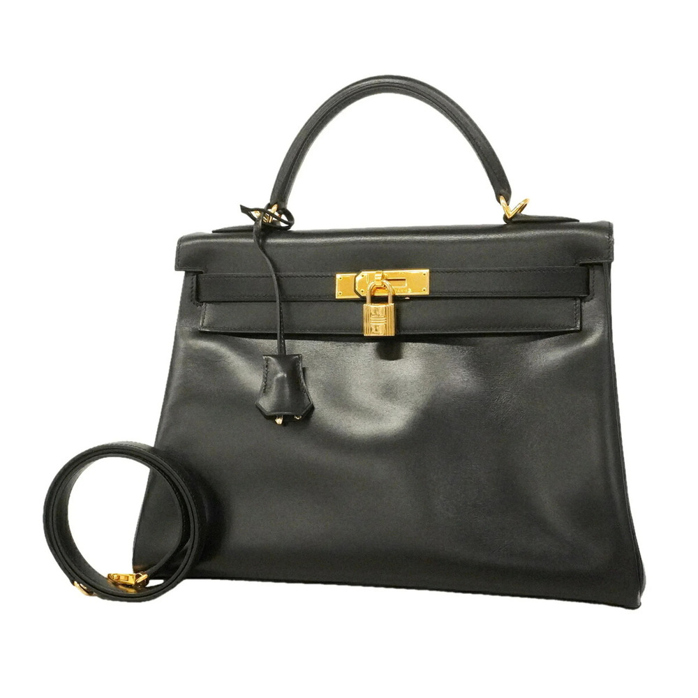 Hermes Kelly 32 Handbag, Box Calf Leather, Black, □D Stamp, 2-way Bag for Women